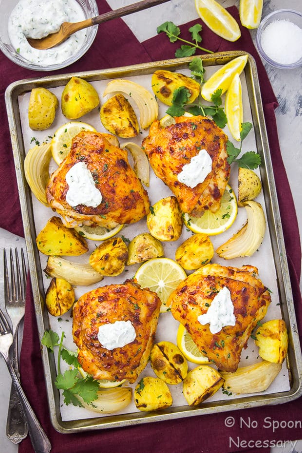 Sheet Pan Harissa Chicken with Onions and Potatoes - No Spoon Necessary