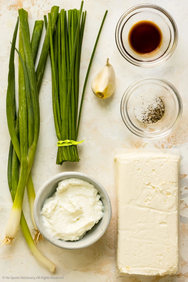 Overhead photo of all the ingredients in chive cream cheese recipe.