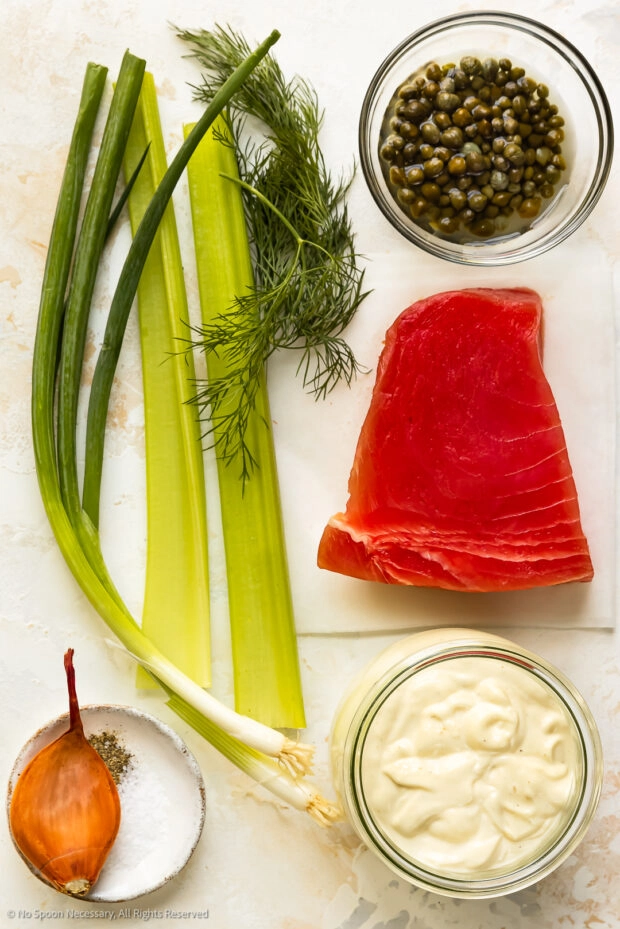 Overhead photo of all the ingredients in the best tuna salad recipe.