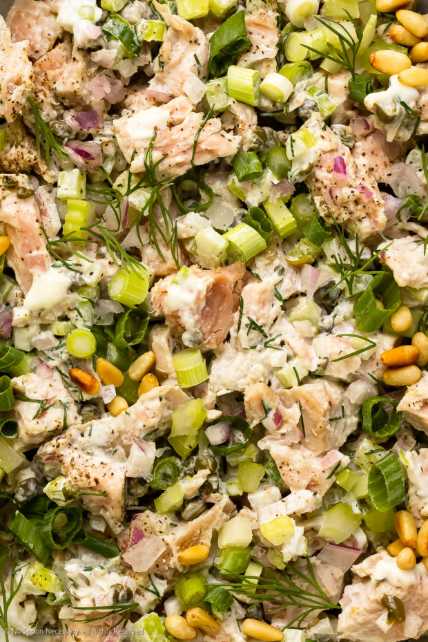 Overhead, close-up photo of fresh tuna fish salad with creamy dressing and herbs..