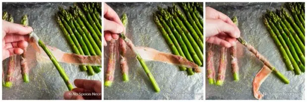 Photo collage showing how to wrap an asparagus spear with prosciutto.