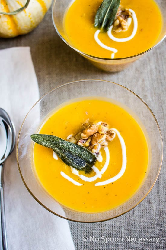 honeynut squash soup with sage and walnuts