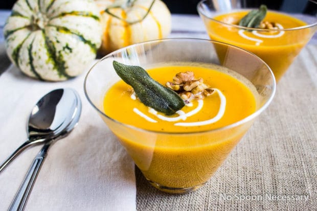 oven roasted butternut squash soup in a clear bowl