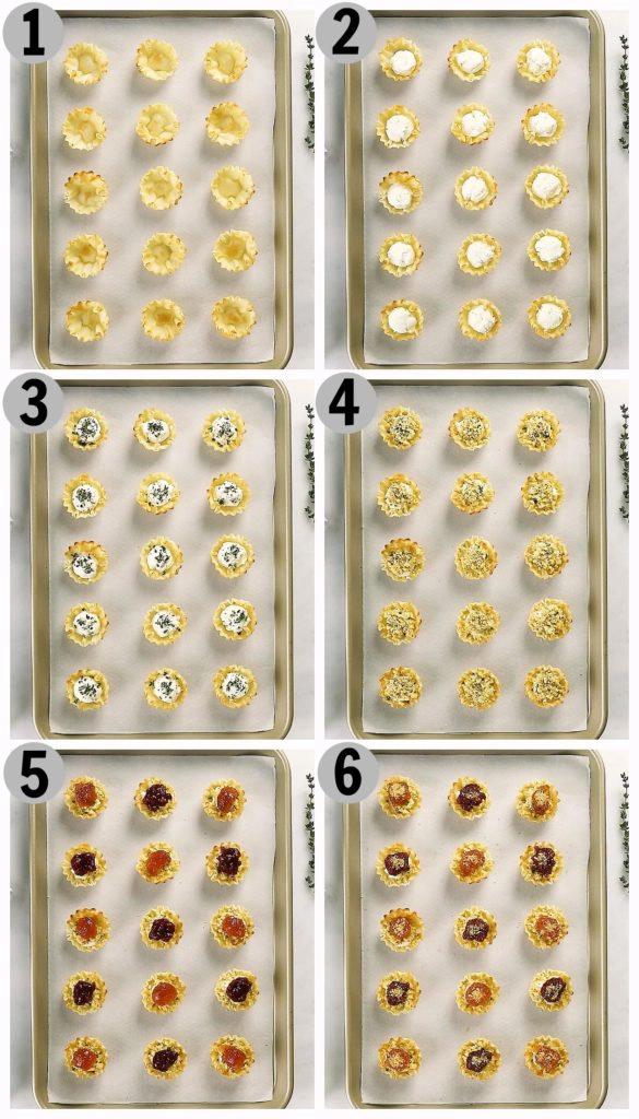 Overhead photo collage of how to make Goat Cheese Phyllo Cup Appetizer recipe step by step.