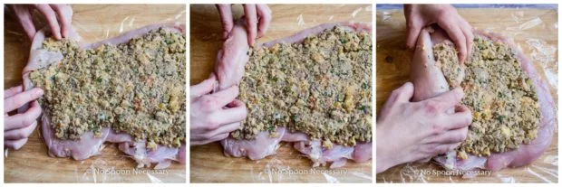 Overhead collage photos of how to prepare, roll and stuff a turkey roulade - steps 4 through 6.