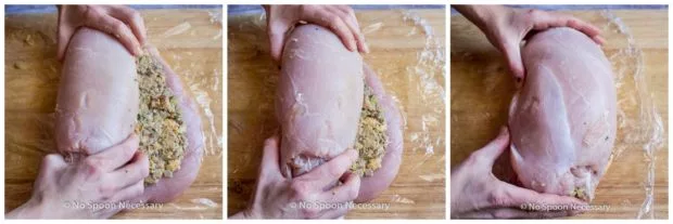 Overhead collage photos of how to tie a rolled and stuffed chicken roulade. - steps 7 through 9.