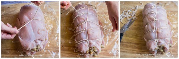 Overhead collage photos of how to tie a rolled and stuffed chicken roulade. - steps 1 through 3.