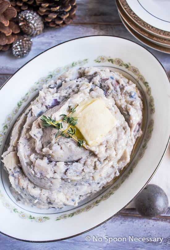Rustic Purple Mashed Potatoes in a serving dish.