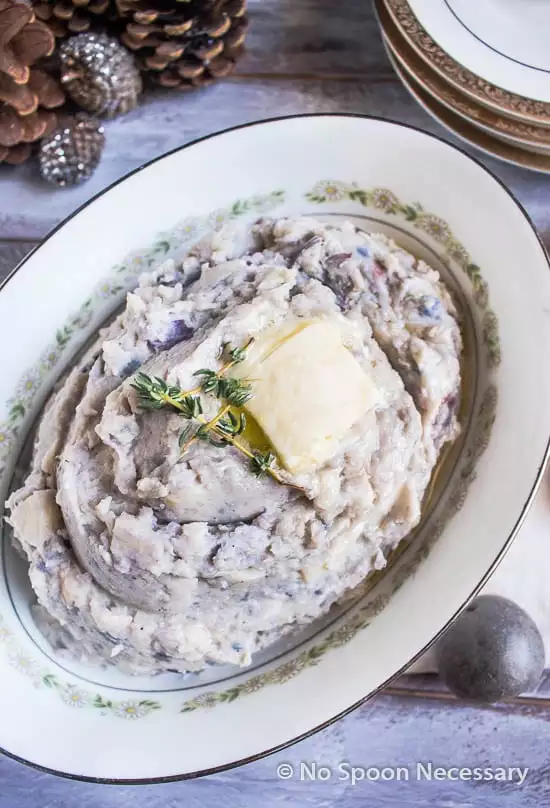 Rustic Purple Mashed Potatoes in a serving dish.