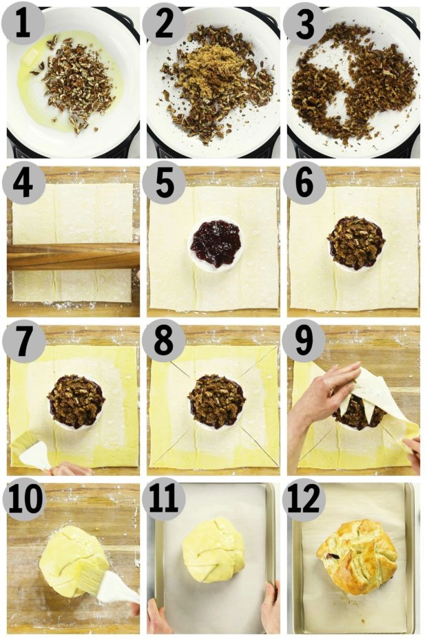 Overhead photo collage of how to make baked brie en croute step by step.