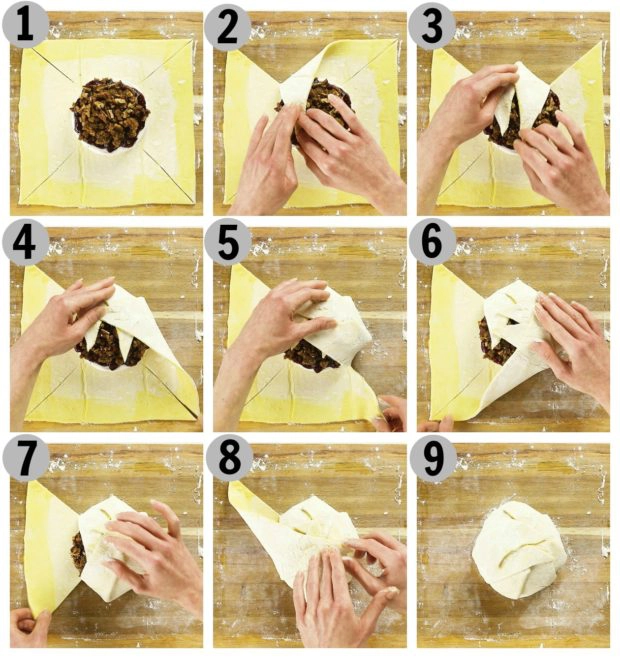 Overhead photo collage of how to fold brie en croute step by step.