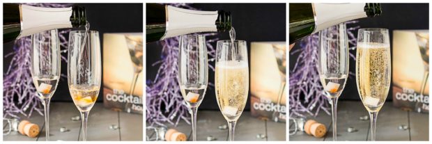 Three photo collage of sparkling wine being poured over vodka in a champagne flute glass.