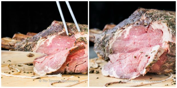 Collage photos of how to cut and carve a Herb Crusted Standing Rib Roast - part 2.