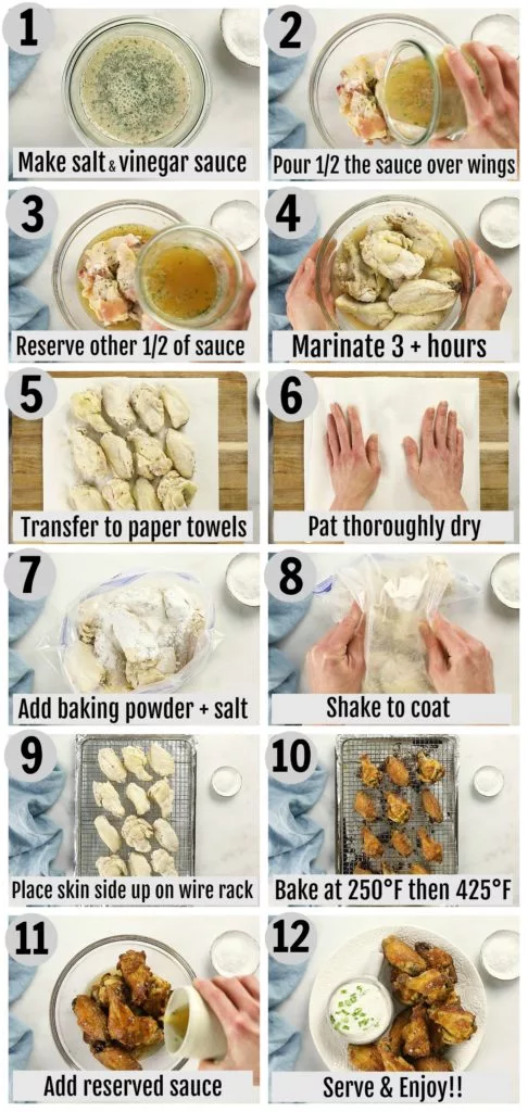 Overhead photo collage of how to make crispy salt and vinegar chicken wings step by step with written instructions on each step.