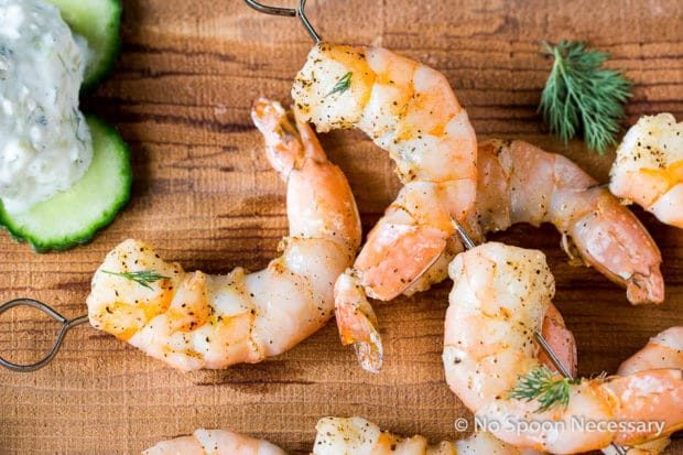 roasted shrimp skewers with cucumber and tzatziki