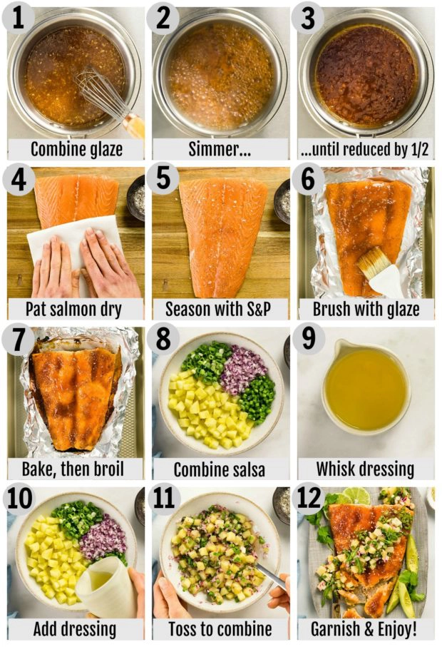 Step-by-step photo collage showing how to make honey sriracha salmon recipe.