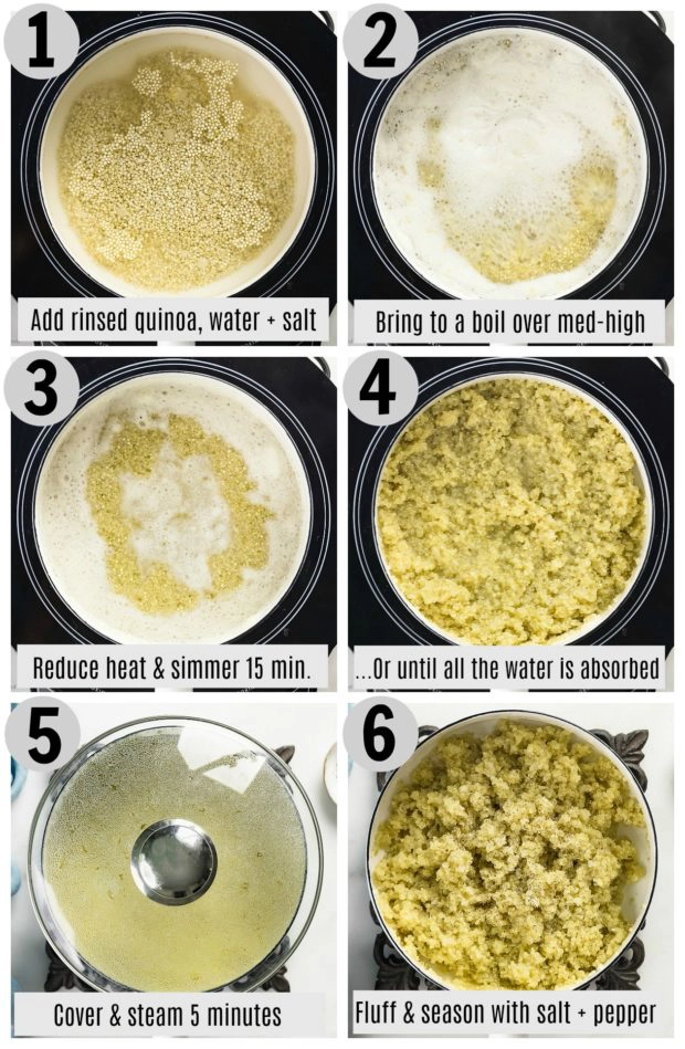 Overhead photo collage of how to easily cook perfect quinoa step by step with written directions on each photo.