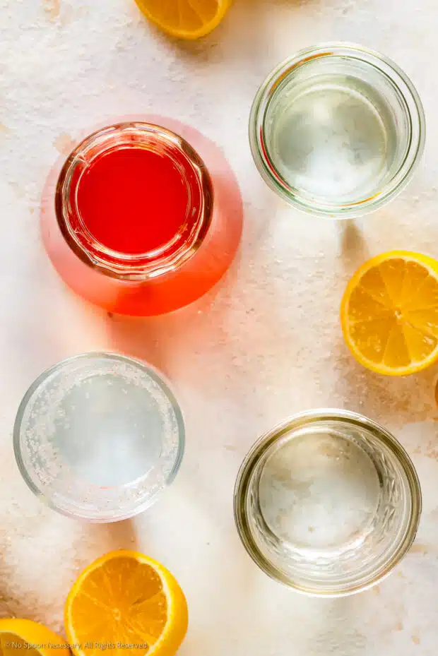 Overhead photo of the ingredients in vodka pink lemonade recipe.