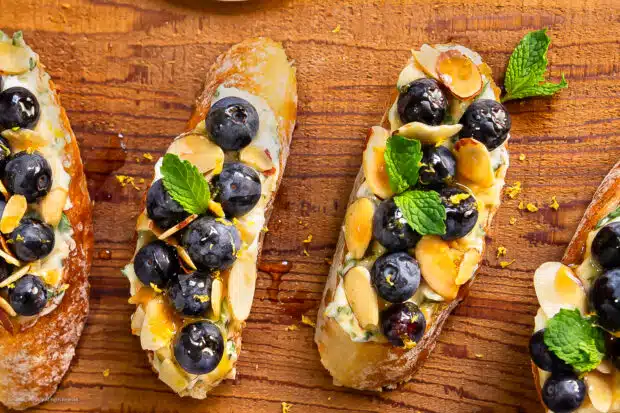 Overhead photo of two slices of blueberry toast.