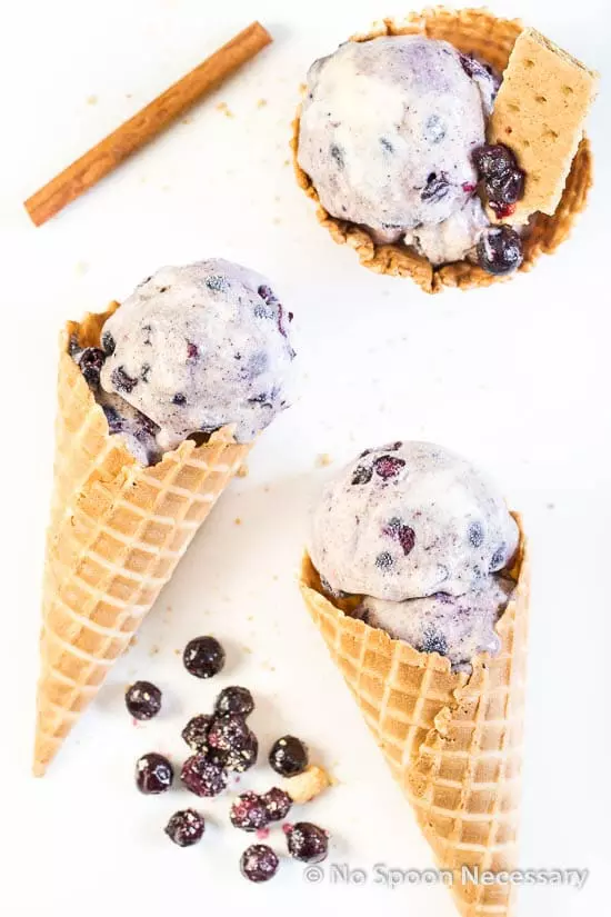 Overhead shot of 3 scoops of No Churn Blueberry Cinnamon Ice Cream in a waffle cones with fresh blueberry compote and a cinnamon stick next to the cones.