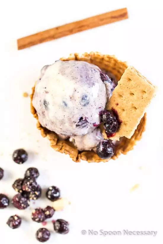 Overhead shot of a scoop of No Churn Blueberry Cinnamon Ice Cream in a waffle bowl with a graham cracker sticking out and fresh blueberry compote and a cinnamon stick next to the bowl.