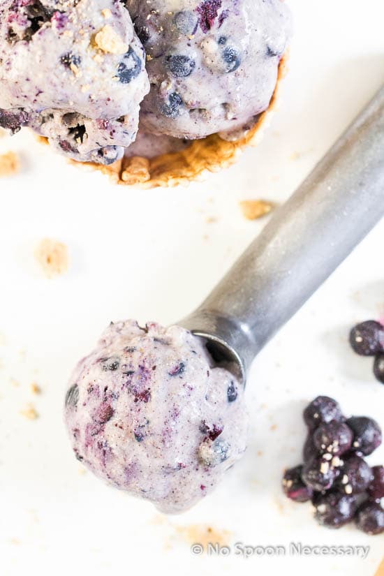 Overhead shot of No Churn Blueberry Cinnamon Ice Cream in an ice cream scoop with a waffle bowl of ice cream and blueberry compote next to the scoop.