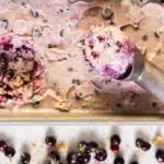 Overhead photo of fully frozen blueberry ice cream recipe in a loaf pan.