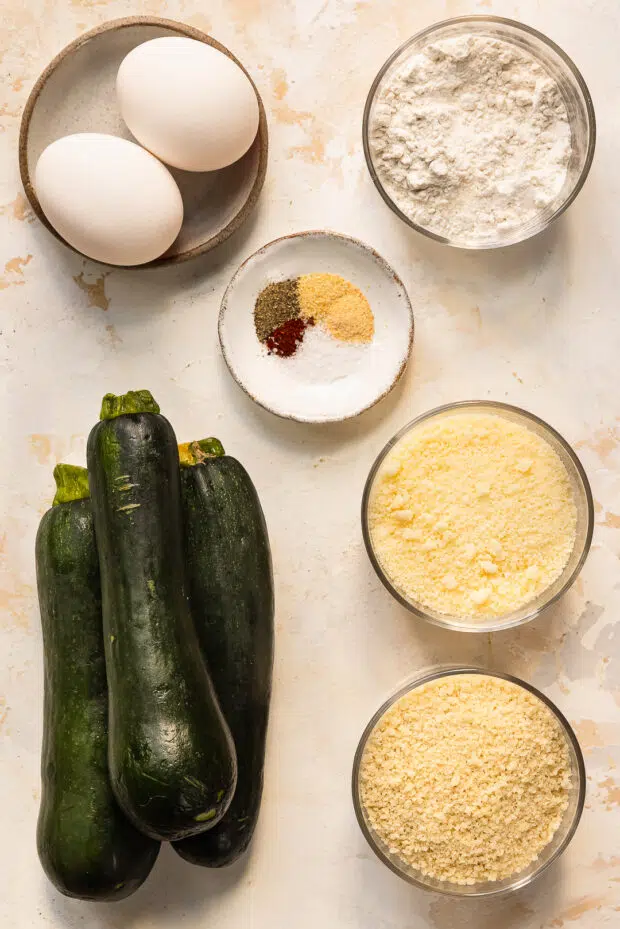 Overhead photo of all the ingredients in zucchini sticks recipe.