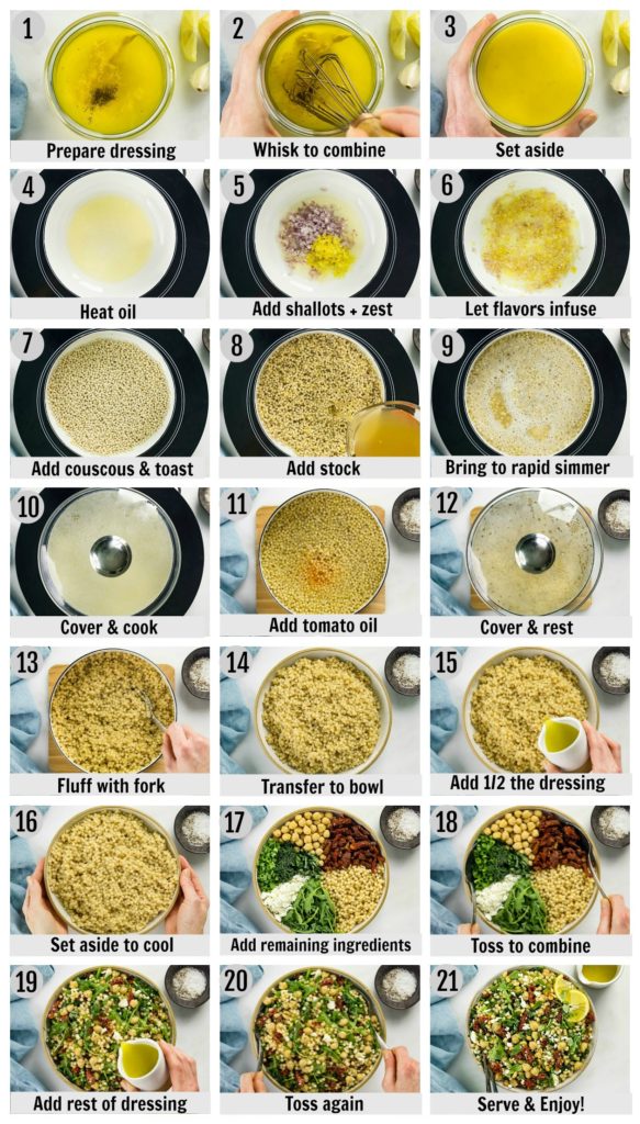 Overhead photo collage of how to make pearl couscous recipe step by step with written instructions on each step.