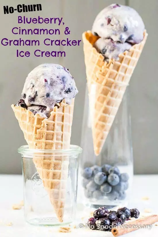 Straight on shot of No Churn Blueberry Cinnamon Ice Cream in a waffle cone being propped up in a glass with an additional ice cream cone behind it and fresh blueberry compote and a cinnamon stick next to the cones.