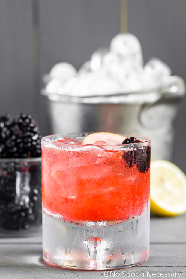 Straight on shot of Blackberry Bramble Cocktail Recipe in a rocks glass garnished with a blackberry and lemon slice with a clear bowl of blackberries and bucket of ice blurred in the background.
