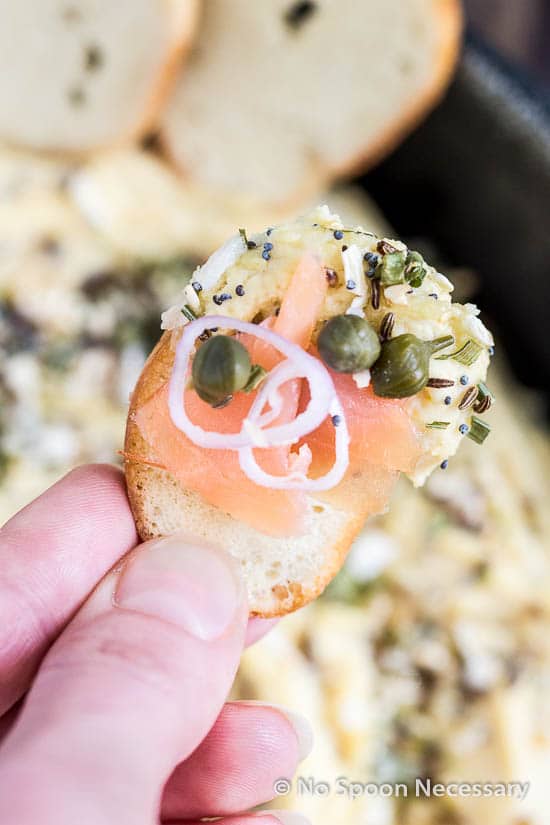 Straight on shot of a hand holding a bagel chip topped Lox & Everything Bagel Hummus.
