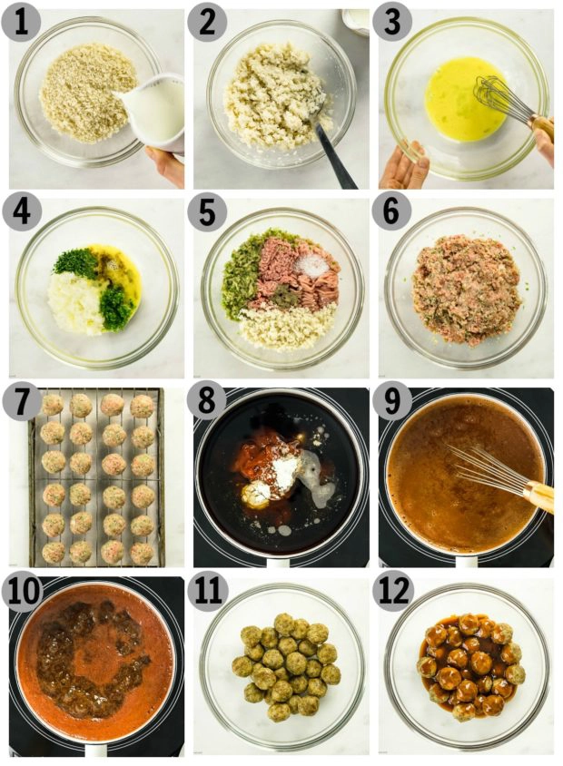 Overhead photo collage of how to make Dr Pepper Meatballs step by step.