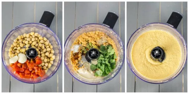 Overhead collage shots of the a food processor bowl filled with the ingredients to make Fajita Flavored Hummus - collage of the steps to make Fajita Hummus recipe.