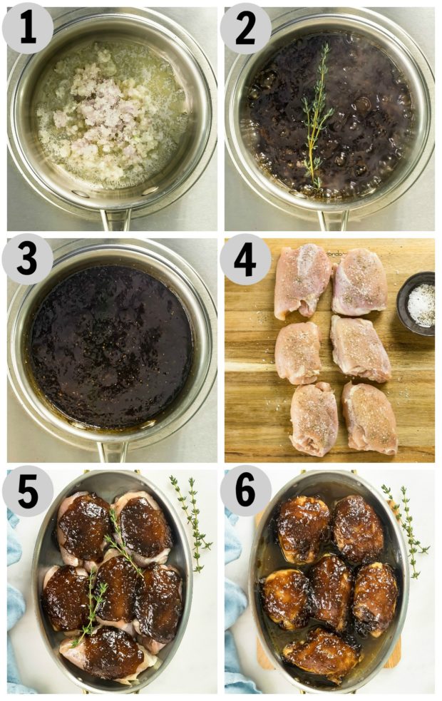 Overhead photo collage of how to make balsamic fig chicken step by step.