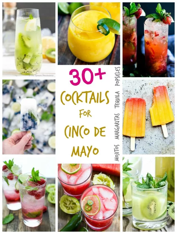 A collage of colorful fruity cocktails and Popsicles that celebrate Cinco de Mayo 