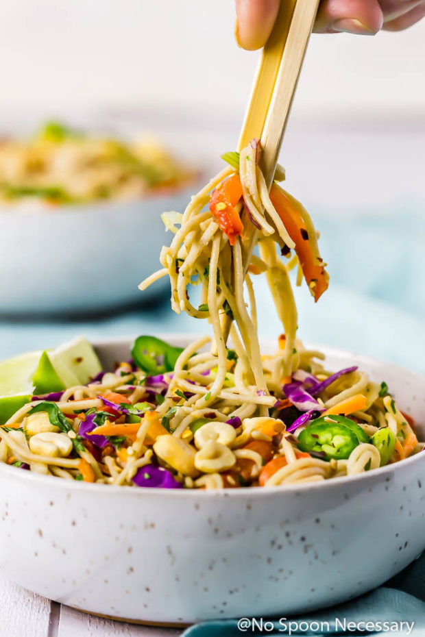 Straight on shot of Thai Tahini Veggie Soba Noodle Bowls with a hand holding chopsticks and lifting some of the noodles out of the bowl.