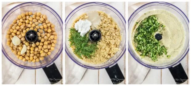 Overhead collage shots of the steps to make Easy Tzatziki Hummus Dip recipe.