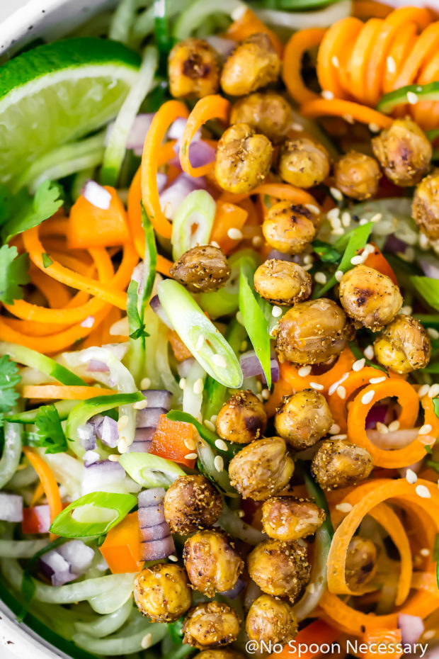 Overhead, up close shot of Thai Roasted Chickpeas with Vegetable Noodle Salad.