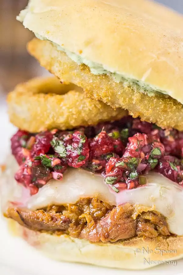 Straight on, up close shot of a Raspberry BBQ Pulled Pork Sandwich with fresh raspberry salsa and onion rings on a white plate.