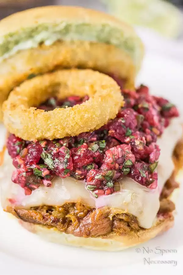 Slightly angled, up close shot of a Raspberry BBQ Pulled Pork Sandwich with fresh raspberry salsa and onion rings on a white plate.