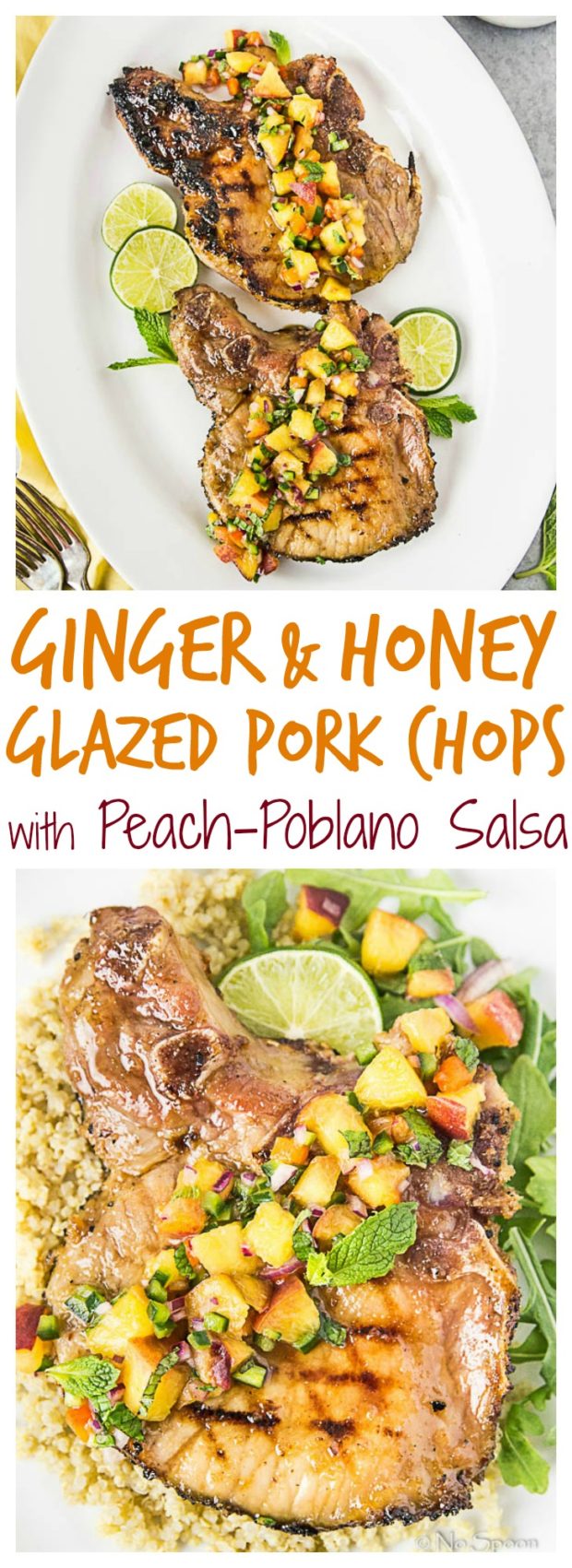 Ginger & Honey Glazed Pork Chops with Peach-Poblano Salsa-long pin1A