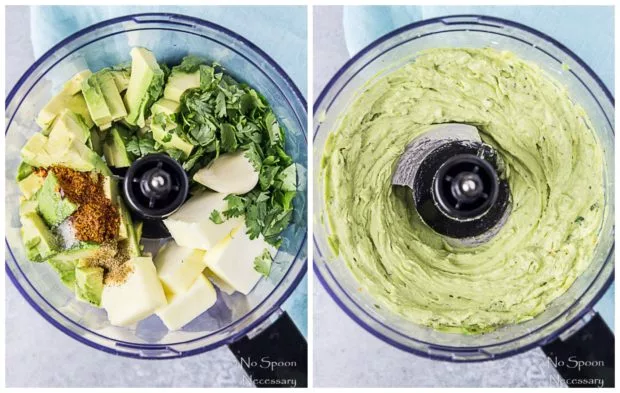 Side by side prep shots of Avocado Sriracha Butter. First photo is all the ingredients for Avocado sriracha butter in a food processor and the second photo is the butter after blending - step 1 in the recipe how to make Grilled Corn with Avocado Sriracha Butter.