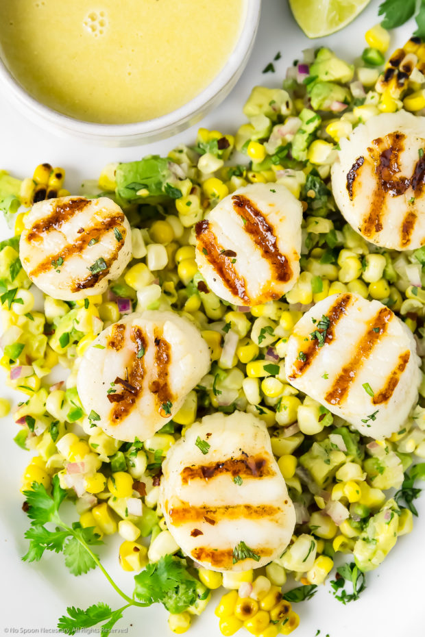 Overhead photo of perfectly Grilled Scallops on a bed of Avocado & Corn Salsa with a small bowl of Honey Lime dressing next to the scallops.