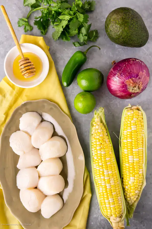 Overhead photo of the ingredients in scallops corn recipe.