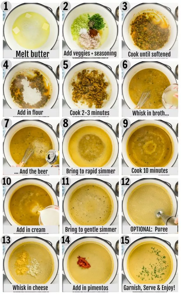 Overhead photo collage of how to make beer cheese soup step by step with written instructions on each step.