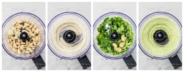 Overhead shot slides of the four steps to make holiday Hummus (arugula and roasted garlic white bean hummus) in the bowl of a food processor.