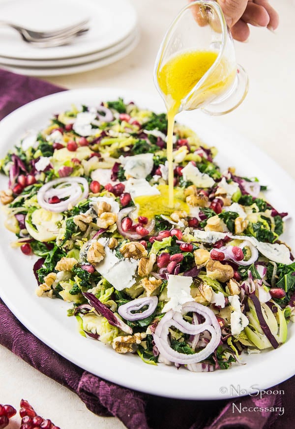 Warm Brussels Sprouts & Kale Salad with Gorgonzola, Pomegranate & Radicchio
