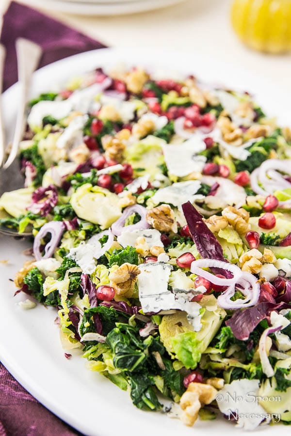 Warm Brussels Sprouts & Kale Salad with Gorgonzola, Pomegranate & Radicchio