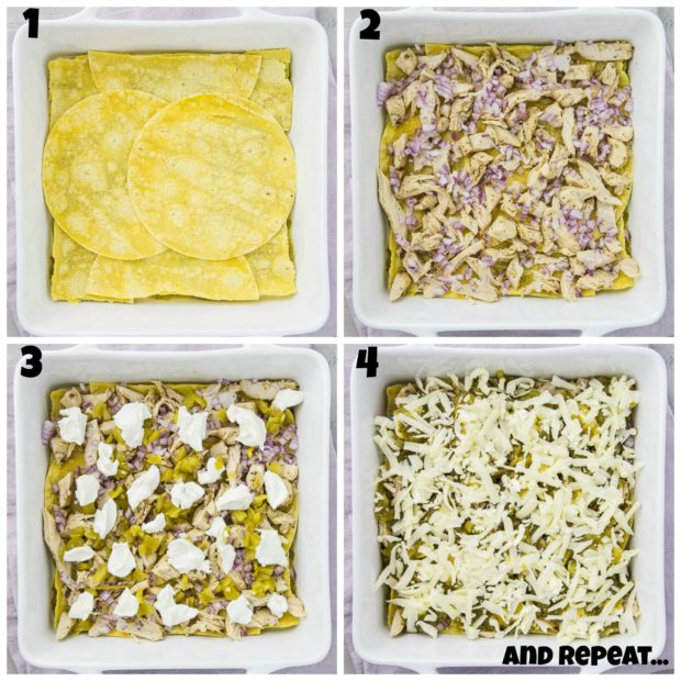 Collage of 4 step-by-step photos of making Stacked Enchiladas Suizas.
